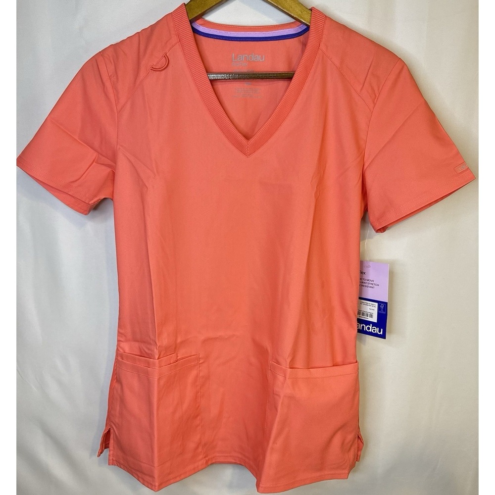 Landau ProFlex Scrub Top Women's XS Coral Pink V-Neck Stretch NWT Medical